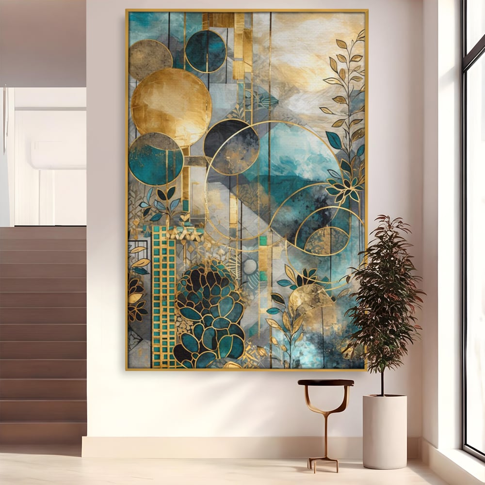 Tablou canvas cu compozitie abstracta cu forme geometrice si frunze, in rama de aluminiu auriu